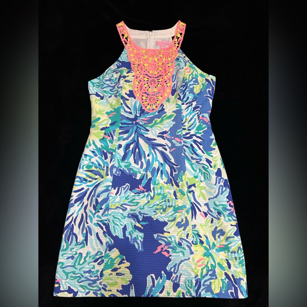 Lilly Pulitzer Blue Dress with neon pink and yellow detail
